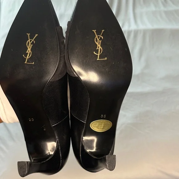 VINTAGE Yves Saint Laurent Black Leather Pumps w/ Rhinestone Buckle Size 35 - Picture 2 of 6